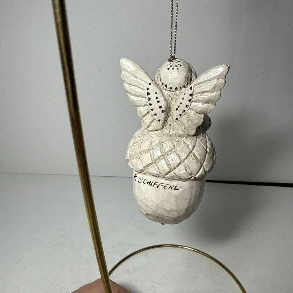 Vintage Pam Schifferl Acorn Angel White Signed Ornament For‎ Midwest With Dove